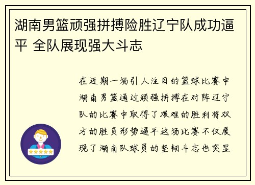 湖南男篮顽强拼搏险胜辽宁队成功逼平 全队展现强大斗志